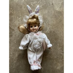 13 inch Vintage Porcelain Bunny Doll Girl White Pink Ears Easter Costume Bunny